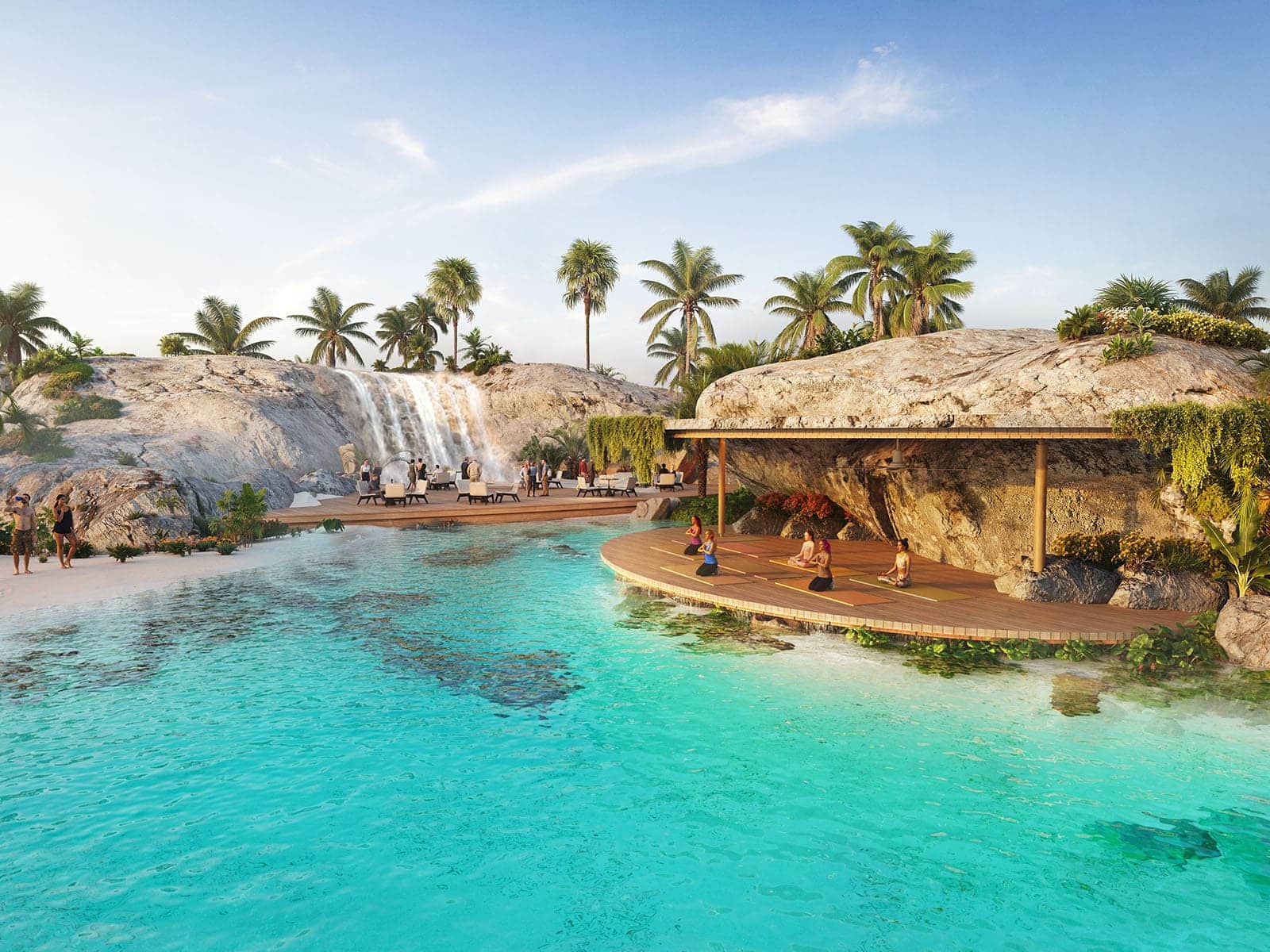 Beautiful resort pool with waterfall, lush greenery, and relaxation area by Enma Real Estate.