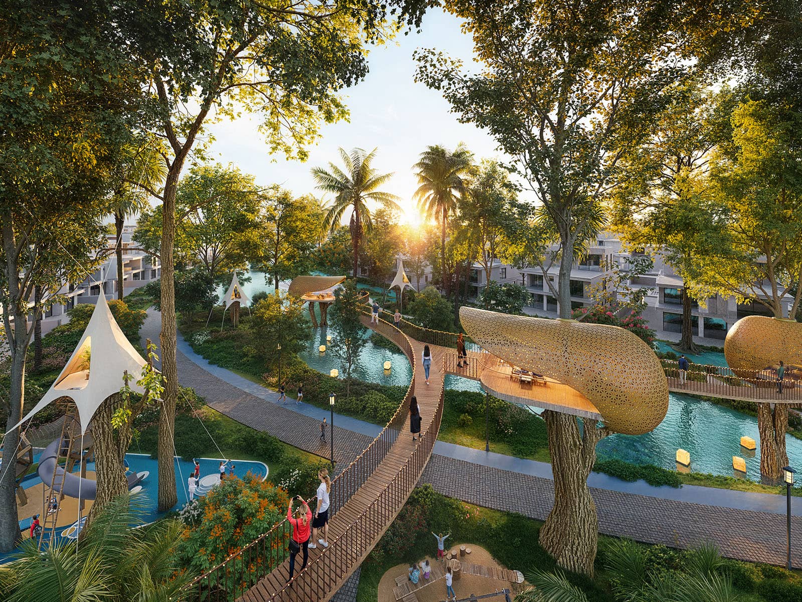 Elegant resort features lush trees, winding pathways, and treehouses for relaxation and nature immersion.